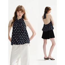 批发<b class='q'>女装</b>撞色波点麻棉感微皱绑带挂脖背心纯欲露背<b class='q'>休闲</b>上衣