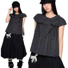 批发娃娃领格纹绑带短袖衬<b class='q'>衫</b>女夏新款宽松休闲显瘦复古娃娃<b class='q'>衫</b>T恤