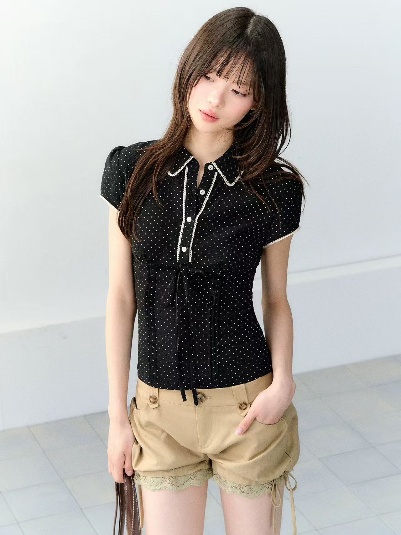 라이 경기 서울 도트 무늬 레이스 레이스 몸매 가꾸기 여성 셔츠