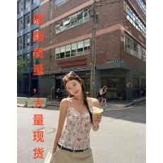 批发'伊甸春<b class='q'>园</b>'亚麻蝴蝶结木耳边碎花纯色双版本打揽吊带背心