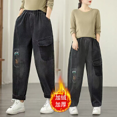 批发实拍 冬季加绒加厚<b class='q'>大码</b>宽松休闲时尚文艺百搭印花哈伦老爹牛仔