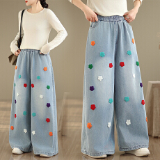 批发实拍大码牛仔毛巾绣新款重工松紧宽松<b class='q'>显瘦</b>休闲百搭牛仔直筒阔腿<b class='q'>裤</b>