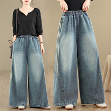 批发实拍大码牛仔阔腿裤新款<b class='q'>松紧</b>宽松显瘦休闲百搭牛仔直筒阔腿裤