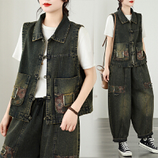 批发春季刺绣复古盘扣<b class='q'>牛仔</b>新中式坎肩<b class='q'>背心</b>水洗贴布绣哈伦<b class='q'>牛仔</b>裤两件套