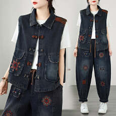 批发春季刺绣复古盘扣<b class='q'>牛仔</b>新中式坎肩<b class='q'>背心</b>水洗贴布绣哈伦<b class='q'>牛仔</b>裤两件套