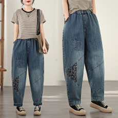 批发实拍 春夏款大码宽松休闲时尚文艺百搭<b class='q'>绣花</b>哈伦老爹<b class='q'>牛仔裤</b>