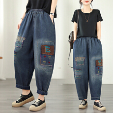 批发实拍 新款<b class='q'>大码</b>宽松休闲时尚文艺百搭绣花哈伦老爹牛仔裤