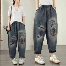 批发实拍 新款<b class='q'>大码</b>宽松休闲时尚文艺百搭绣花哈伦老爹牛仔裤