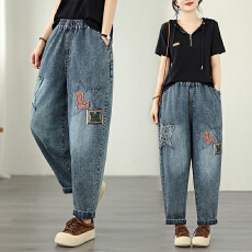 批发实拍 新款<b class='q'>大码</b>宽松休闲时尚文艺百搭绣花哈伦老爹牛仔裤