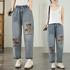 批发实拍 新款大码宽松休闲时尚文艺百搭绣花哈伦老爹<b class='q'>牛仔</b>裤