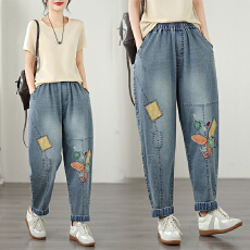 批发<b class='q'>实拍</b> 新款大码宽松休闲时尚文艺百搭绣花哈伦老爹牛仔<b class='q'>裤</b>