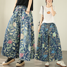 批发实拍大码牛仔阔腿裤新款印花<b class='q'>松紧</b>宽松显瘦休闲百搭牛仔直筒阔腿裤