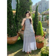 批发实拍~法式度假风假两件<b class='q'>拼接</b>长裙无袖<b class='q'>连衣裙</b>