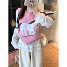 批发实拍实价~早春新款叠穿粉色<b class='q'>马甲</b>+蕾丝拼接v领打底衫