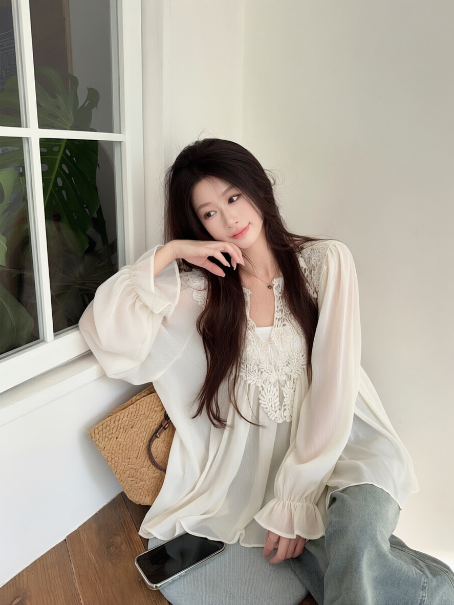 실사 무거운 작업 레이스 조각 느긋한 바람 쉬폰 블라우스 작은 대중 셔츠