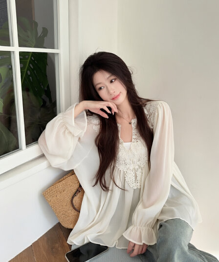 실사 무거운 작업 레이스 조각 느긋한 바람 쉬폰 블라우스 작은 대중 셔츠
