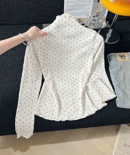 실사 가을 새로운 체리 프린트 반하이넥 긴팔 기본 셔츠