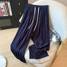 批发实拍天丝牛仔蓝条纹卷边撞色阔腿<b class='q'>九分</b>裤2025夏季薄款宽松百搭长裤