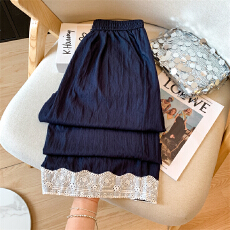 批发蕾丝花边阔腿天丝<b class='q'>牛仔裤</b>女夏季薄款宽松垂感九分休闲裤冰丝直筒裤