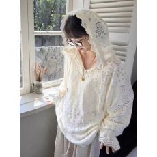 批发法式连帽蕾丝钩花卫衣薄款外套女春秋宽松显瘦设计感慵懒洋气上衣