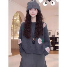 批发圆领套头花朵毛衣女秋冬季新款慵懒风长袖针织衫配加绒裤子两件套