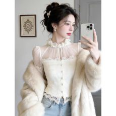 批发米白色木耳边雪纺蕾丝衬衫2026年春季新款高级感法式<b class='q'>小衫</b>衬衣女装