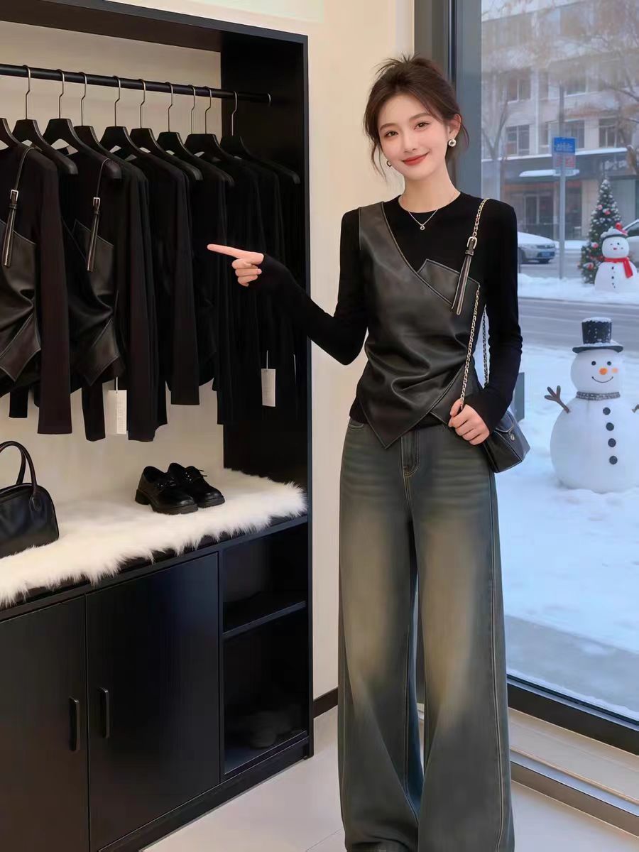 패션 페이크 레이어드 패치워크 긴팔 티셔츠 기본 셔츠 여성 2026 봄 가을 새로운 달콤한 핫걸 몸매 가꾸기 라운드 넥 맨위