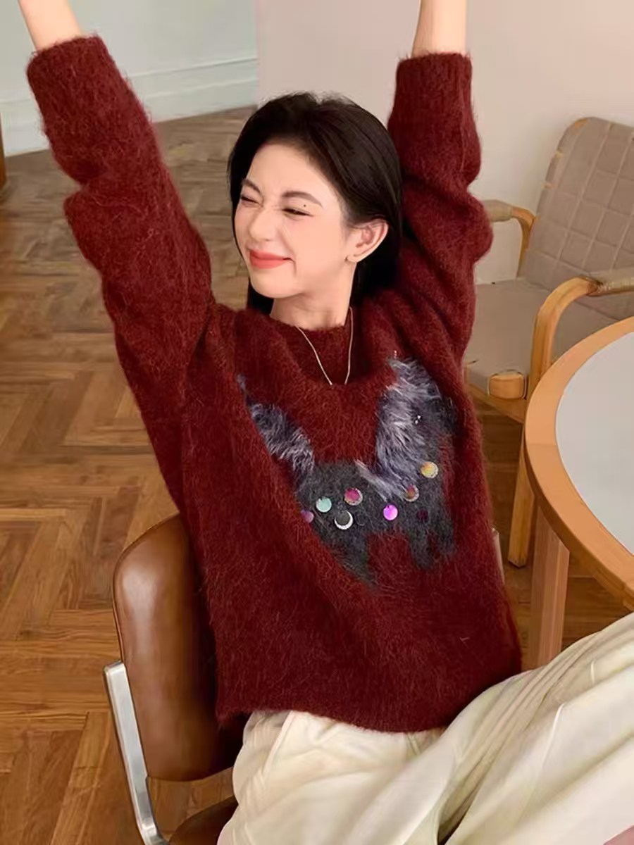 한 부서 귀여운 바람 작은 말 자수 스팽글 라운드 넥 스웨터 여자 크리스마스 신년 루즈핏 다용도 두꺼운 니트 맨위