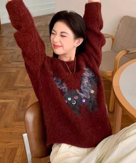 한 부서 귀여운 바람 작은 말 자수 스팽글 라운드 넥 스웨터 여자 크리스마스 신년 루즈핏 다용도 두꺼운 니트 맨위