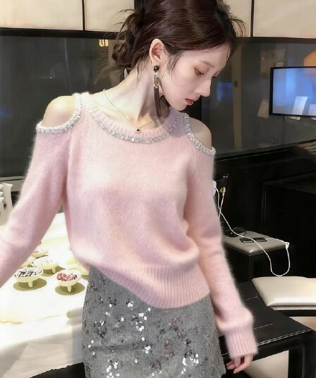 한 부서 달콤함 핑크색 스팽글 오프숄더 니트 스웨터 여성 가을 겨울철 느긋한 바람 루즈핏 슬림해 보이는 연령 감소 부드러운 찹쌀 스웨터
