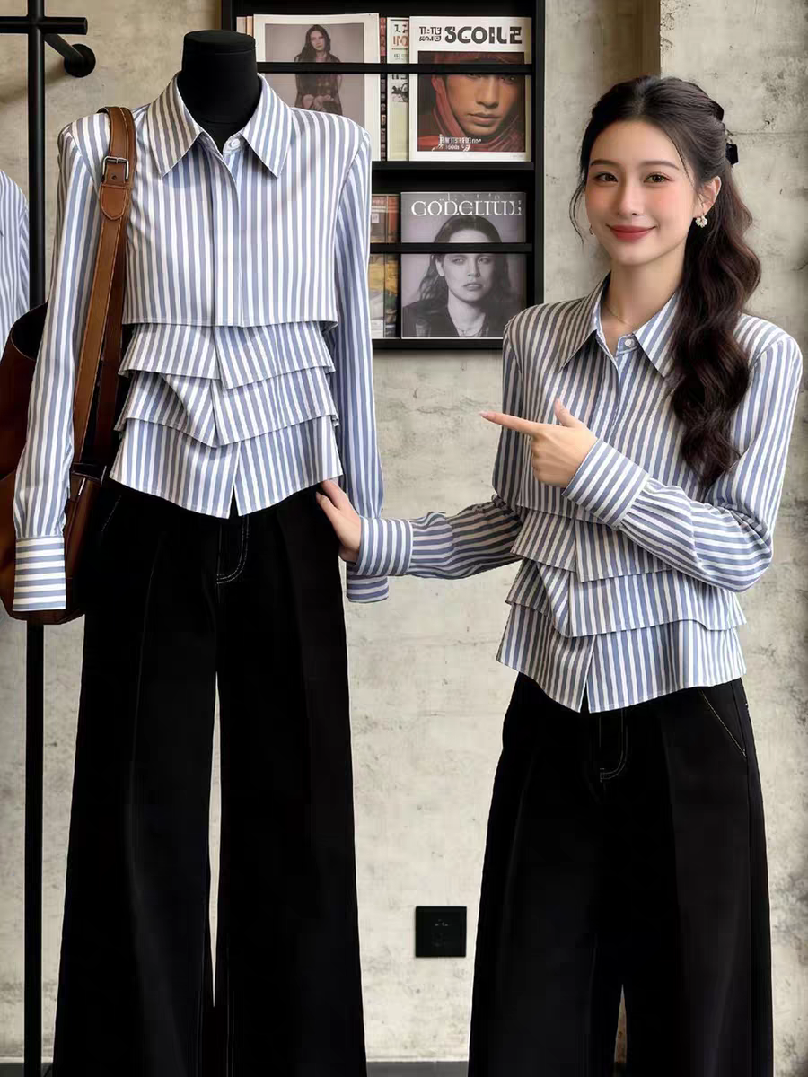 한 부서 품격 출퇴근 스트라이프 POLO 칼라 셔츠 여성 의류 2026 봄 새로운 디자인 센스 캐주얼 다용도 맨위
