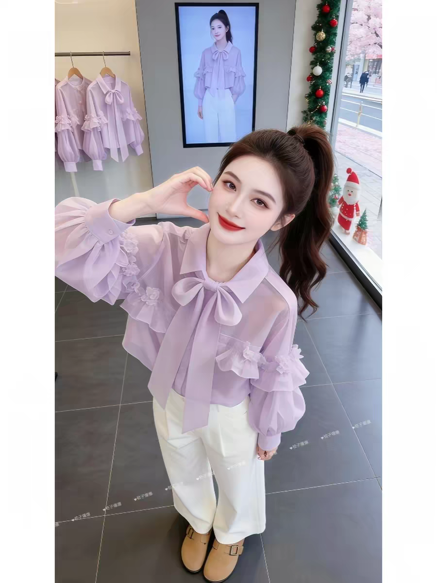 프랑스식 달콤함 고유 한 보라색 나비 레이스업 짧은 여성 셔츠 2026 봄 가을 새로운 올해 인기 아름다운 맨위