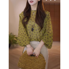 批发独特2026年超火洋气欧货复古波点圆领弧形下摆长袖<b class='q'>T</b><b class='q'>恤</b>雪纺衫上衣