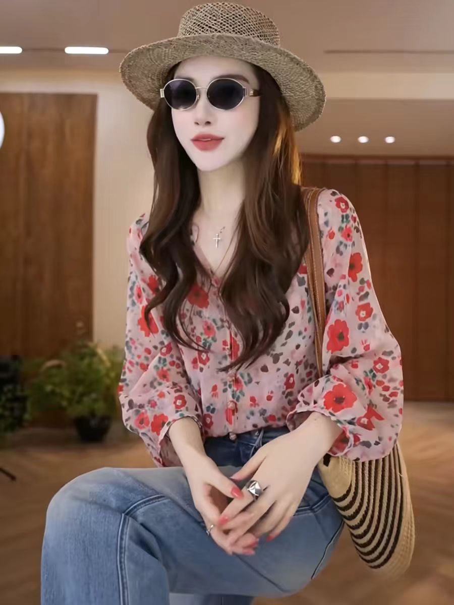 프랑스식 레트로 긴팔 꽃무늬 시폰 셔츠 여성 2026 새로운 루즈핏 외국 가스 Chic 허리 수축 슬림해 보이는 Chic 맨위