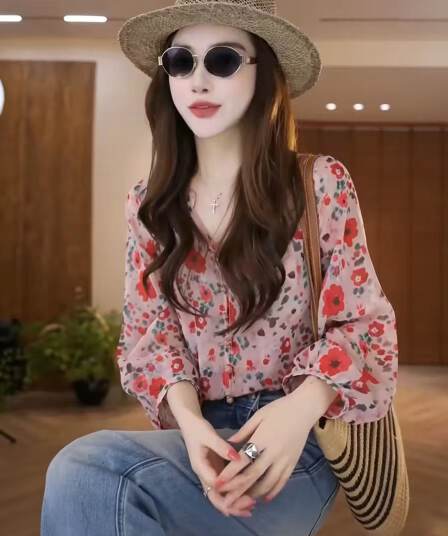 프랑스식 레트로 긴팔 꽃무늬 시폰 셔츠 여성 2026 새로운 루즈핏 외국 가스 Chic 허리 수축 슬림해 보이는 Chic 맨위