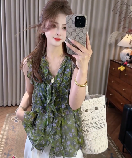 한국 스타일 레트로 프릴 꽃무늬 민소매 여성 셔츠 2026 여름 패션 외국 가스 쇼트 스타일 V넥 조끼 맨위