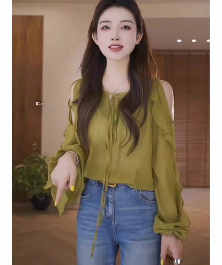 고유 한 슈퍼 잘 생긴 오프숄더 프릴 검정색 셔츠 여성 의류 2026 여름 V넥 얇은 스타일 자외선 차단 블라우스 맨위