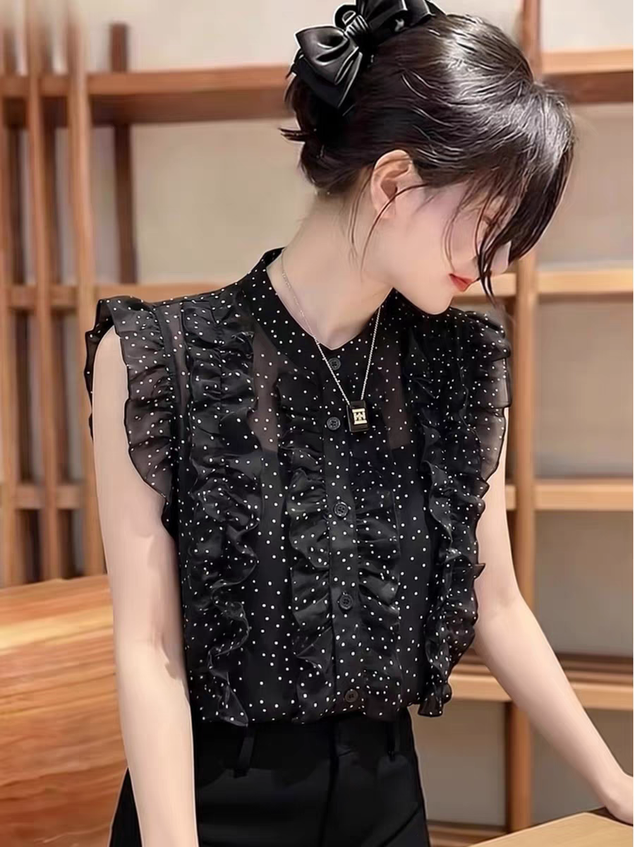 패션 바람 도트 무늬 프릴 여성 셔츠 여름 새로운 Feifei 소매 연령 감소 슬림해 보이는 디자인 센스 프릴 작은 셔츠