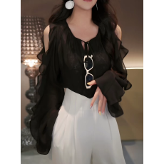 批发独特超好看露肩荷叶边黑色<b class='q'>衬衫</b>女装2026夏季V领薄款防晒罩衫上衣