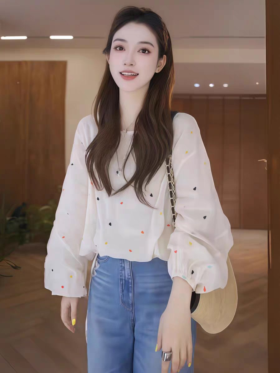 고급 센스 색상 하트 자수 벌룬 소매 여성 셔츠 여름 새로운 루즈핏 슬림해 보이는 연령 감소 자외선 차단 맨위 트렌디