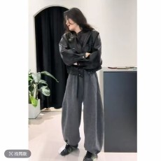 批发秋<b class='q'>冬</b>时尚复古穿搭女宽松长袖皮衣外套气质高腰显瘦阔腿裤两件套装