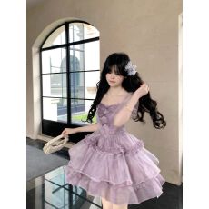 批发高级感优雅紫色连衣裙甜美蝴蝶结<b class='q'>欧根纱</b>蓬蓬晕染连衣裙生日礼服裙