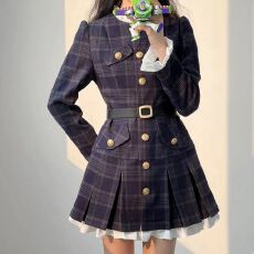 批发法式复古撞色<b class='q'>连衣裙</b>女春装小香风气质<b class='q'>格</b>纹单排扣收腰a字短裙子ins