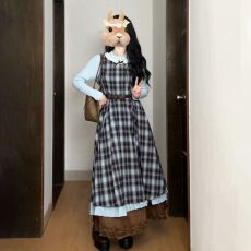 批发2025初秋新款复古假两件蓝棕色蝴蝶结拼接<b class='q'>格</b>纹<b class='q'>连衣裙</b>收腰显瘦长裙