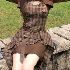 批发(高质量）纯欲美式拉德辣妹收腰套装吊带秋季不规则外套复古<b class='q'>格</b>纹