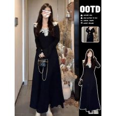 批发法式黑色<b class='q'>连衣裙</b>子女秋冬季2025新款冬天配大衣内搭打底长裙高级感