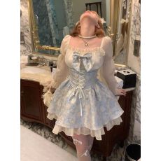 批发（高质量）蓝闪蝶复古法式蝴蝶结公主<b class='q'>可爱</b>蓬蓬裙碎花<b class='q'>连衣裙</b>早秋