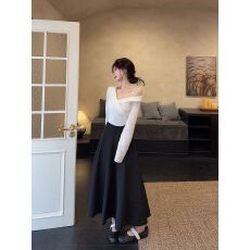 批发许我耀眼韩系修身V领露肩长袖<b class='q'>衬衫</b>高腰半身裙女秋季新款<b class='q'>时尚</b>套装