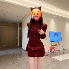 批发韩系辣妹半高领红色长袖<b class='q'>连衣裙</b>女秋季气质性感紧身打底包臀短裙子