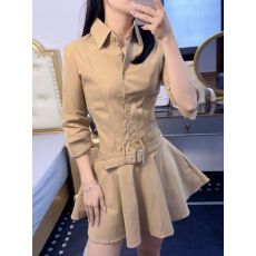 批发纯欲气质收腰显瘦半开纽扣衬衫连衣裙女秋季<b class='q'>新款</b>系带A字百褶<b class='q'>短裙</b>